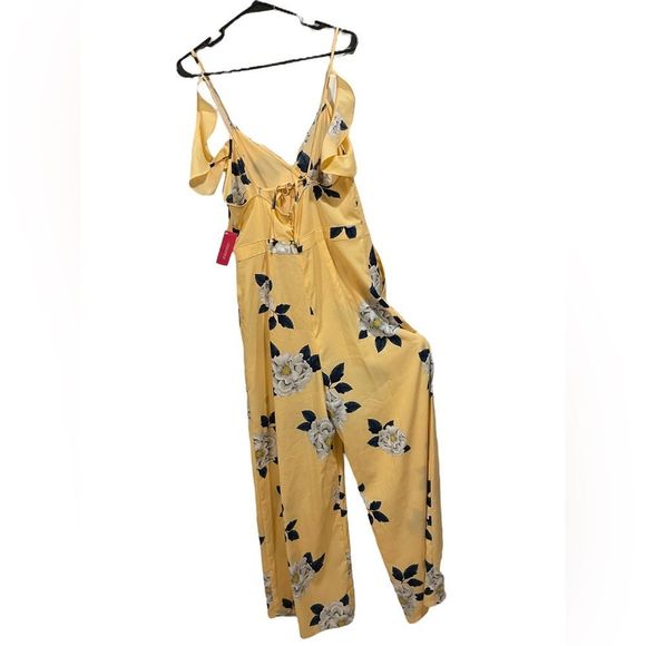 NEW Xhilaration Yellow Gray Romantic Floral Strappy Off the Shoulder Jumpsuit - Picture 4 of 8